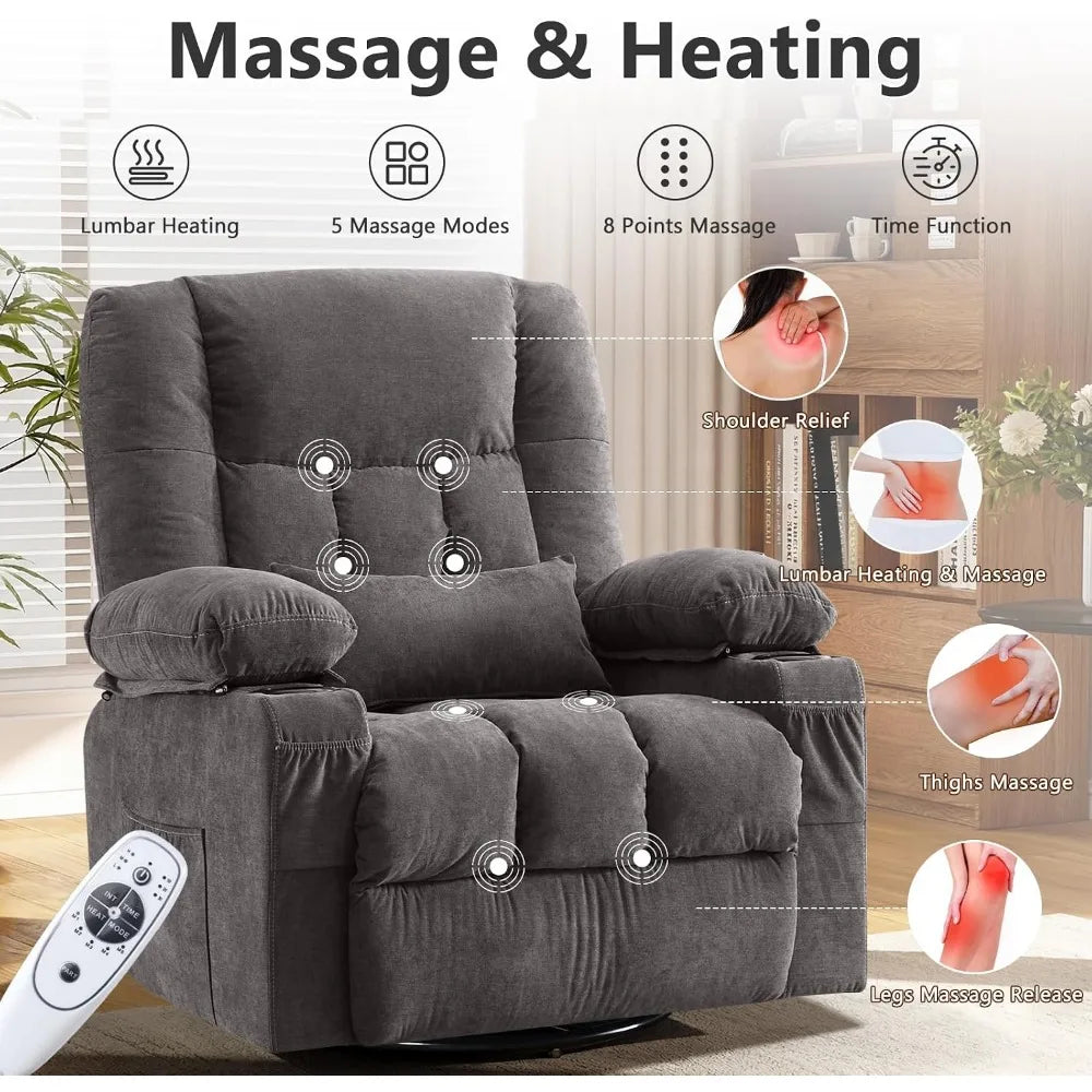 Ergonomic Swivel Rocker Recliner with Massage and Heat for Living Room