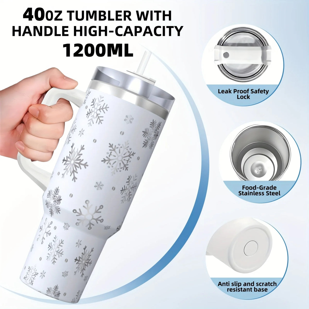 40 oz Stainless Steel White Snowflake Pattern Insulated Bottle Cup with Handle And Straw,