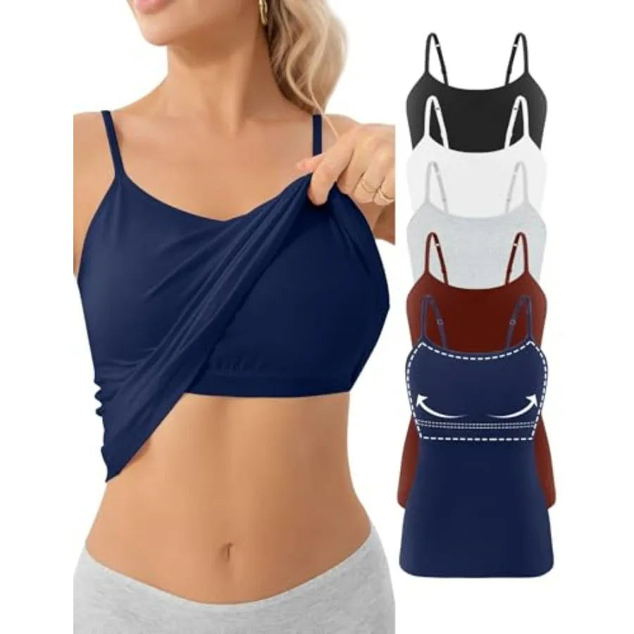 5 Pack Cotton Tank Tops with Built in Bras for Women
