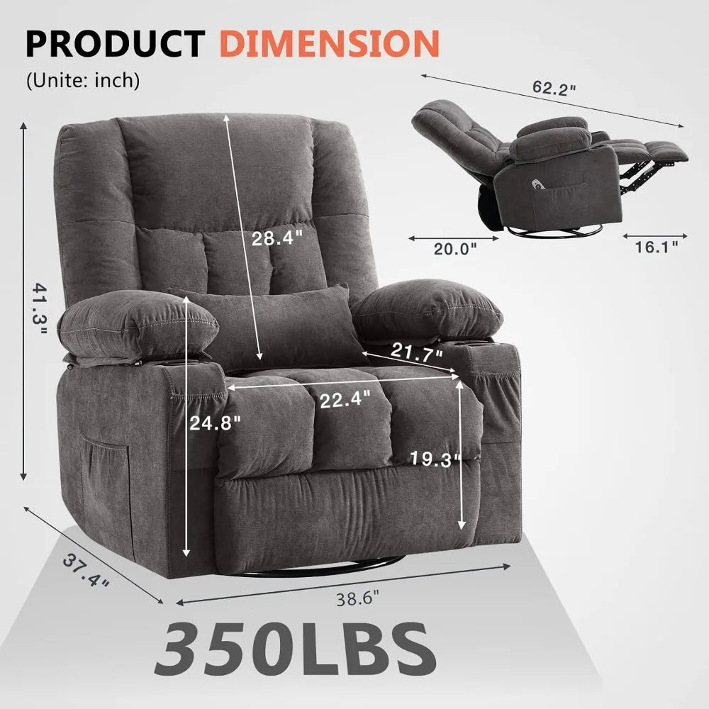 Ergonomic Swivel Rocker Recliner with Massage and Heat for Living Room
