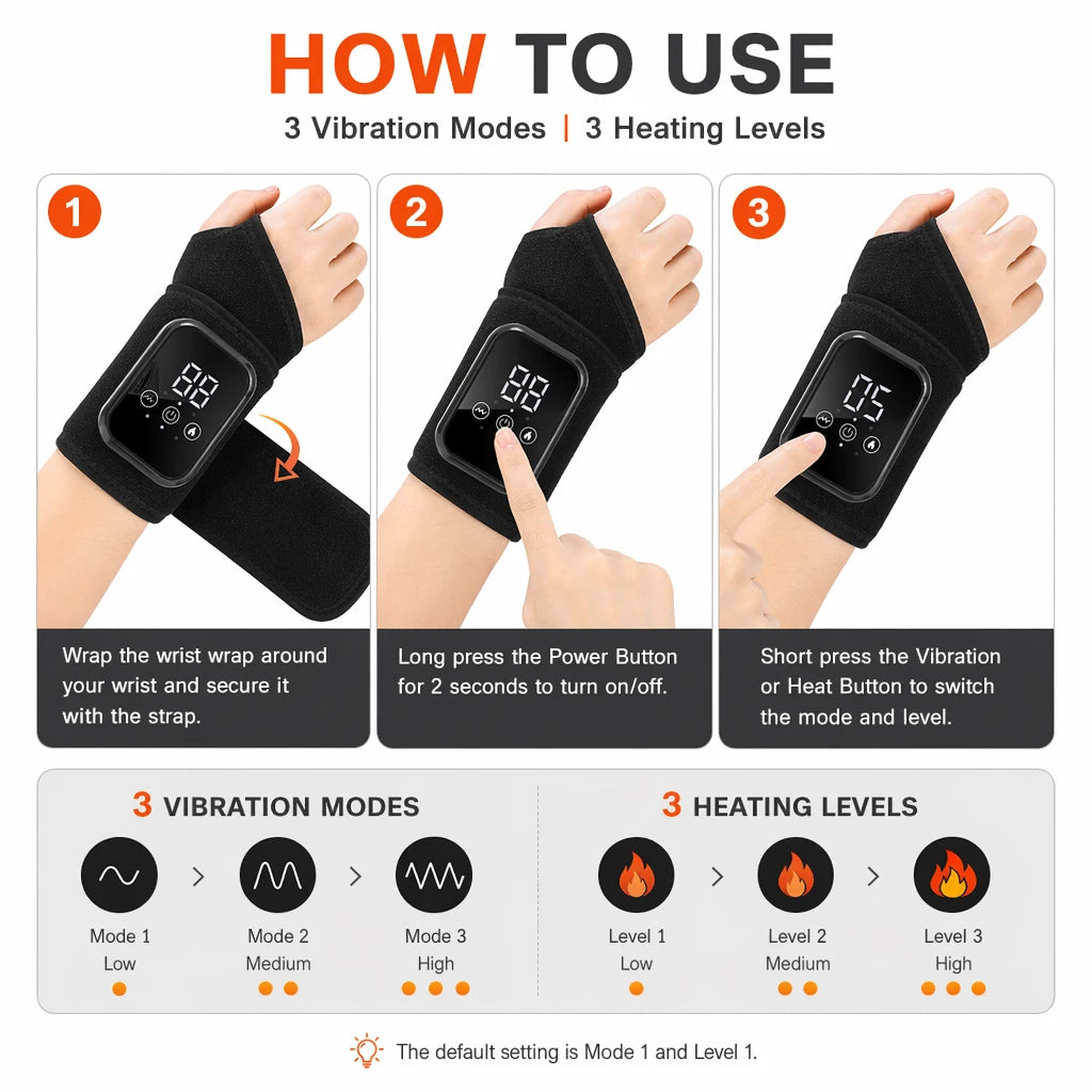 Wrist Massager with Heat Black Rechargeable Brace with 3 Vibration 3 Heat Levels for Office Home US Stock