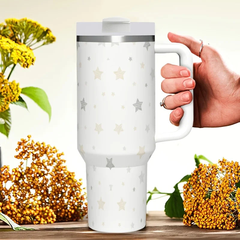 40Oz Beige Star Print Stainless Steel Tumbler with Handle Reusable Vacuum Insulated Water Cup for Daily Use