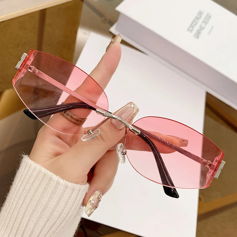 Rimless Oval Sunglasses Women UV400 Oversized Gradient  Lenses Metal Frame