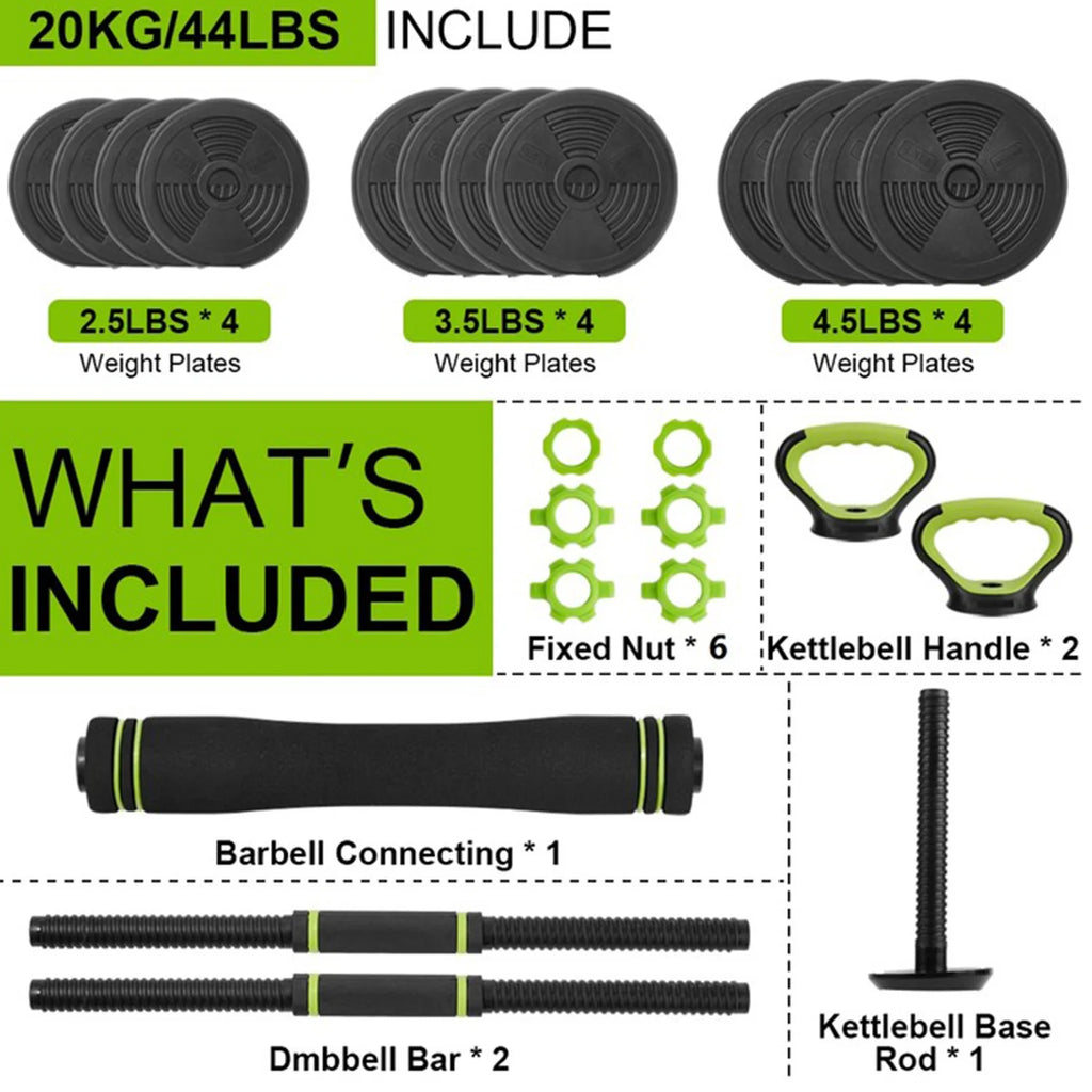 Adjustable Dumbbell Set 44 LBS PVC Coated, 4-in-1 Polygon Iron & Sand Filled Weights with Hollow Iron Rod 50cm & 8 Connectors, Convertible to Barbell Kettlebell, Home Gym Equipment