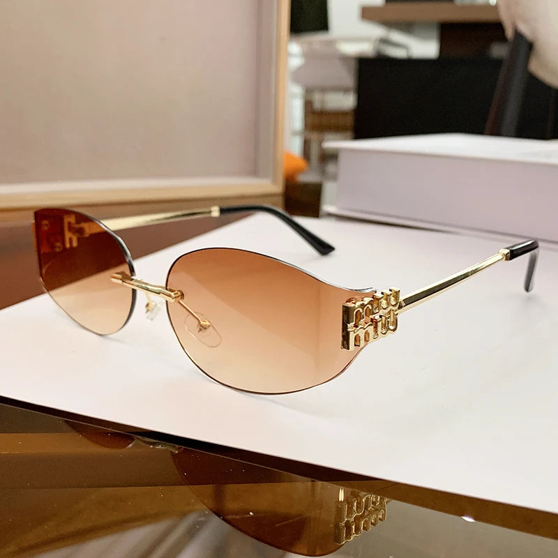 Rimless Oval Sunglasses Women UV400 Oversized Gradient  Lenses Metal Frame
