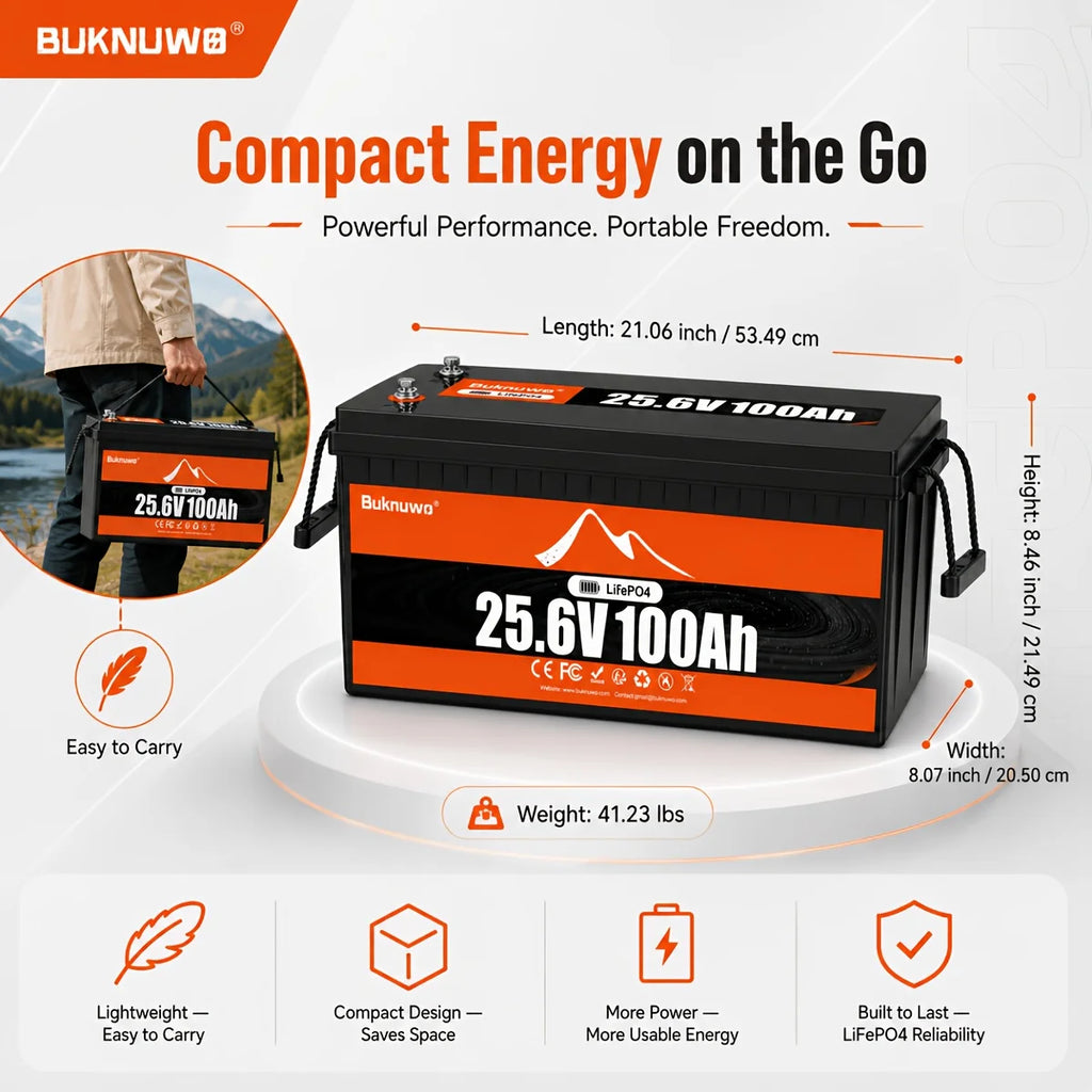 Buknuwo 24V 100Ah Bluetooth And Non-Bluetooth LiFePO4 Lithium Battery,