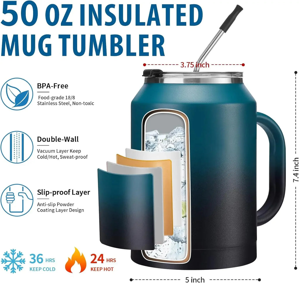 50 oz Insulated Tumbler with Handle and Straw