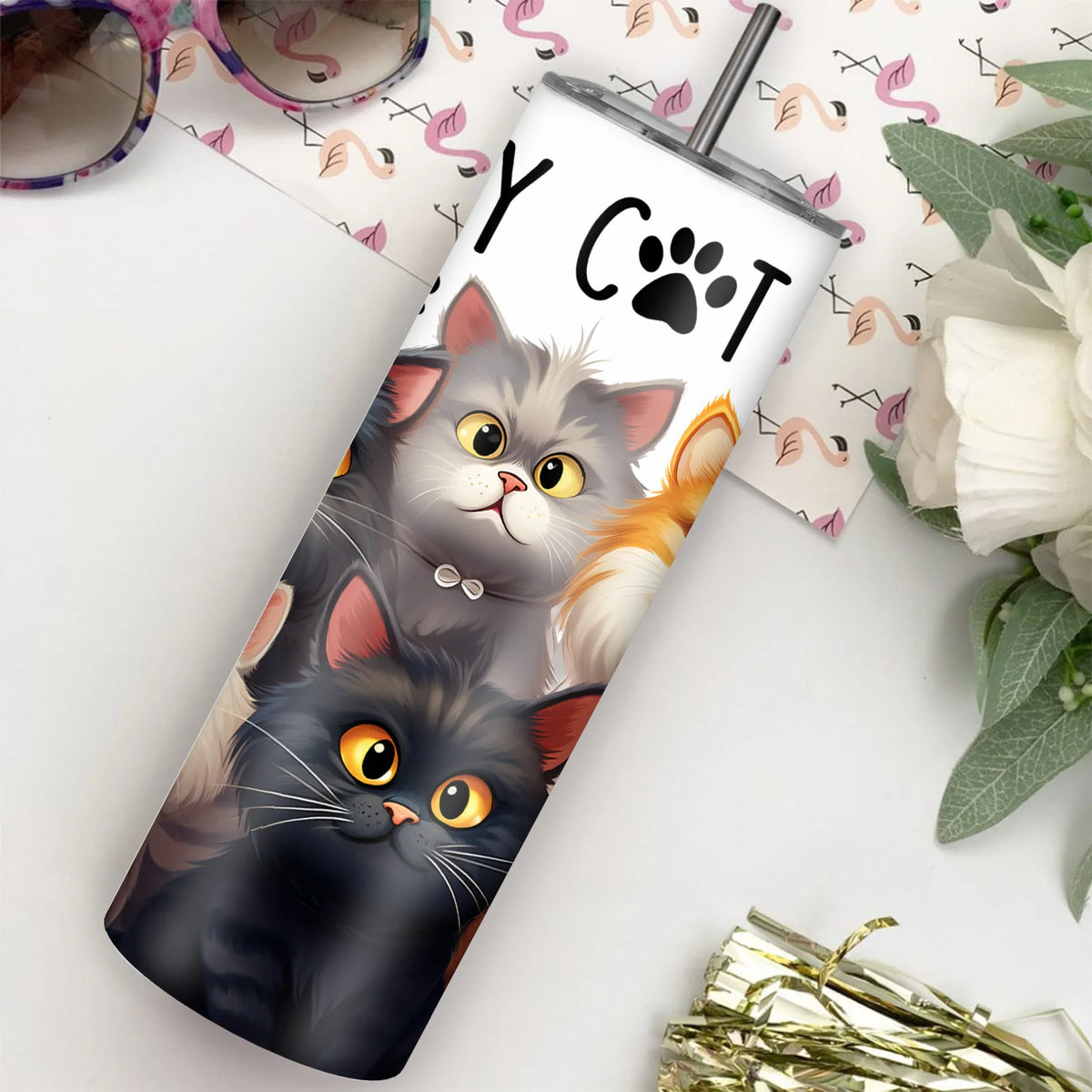 20oz Stainless Steel Cat Tumbler with Lid and Straw