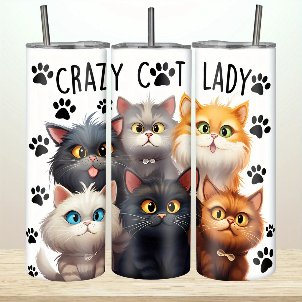 20oz Stainless Steel Cat Tumbler with Lid and Straw