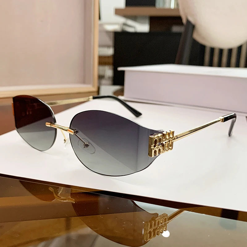 Rimless Oval Sunglasses Women UV400 Oversized Gradient  Lenses Metal Frame